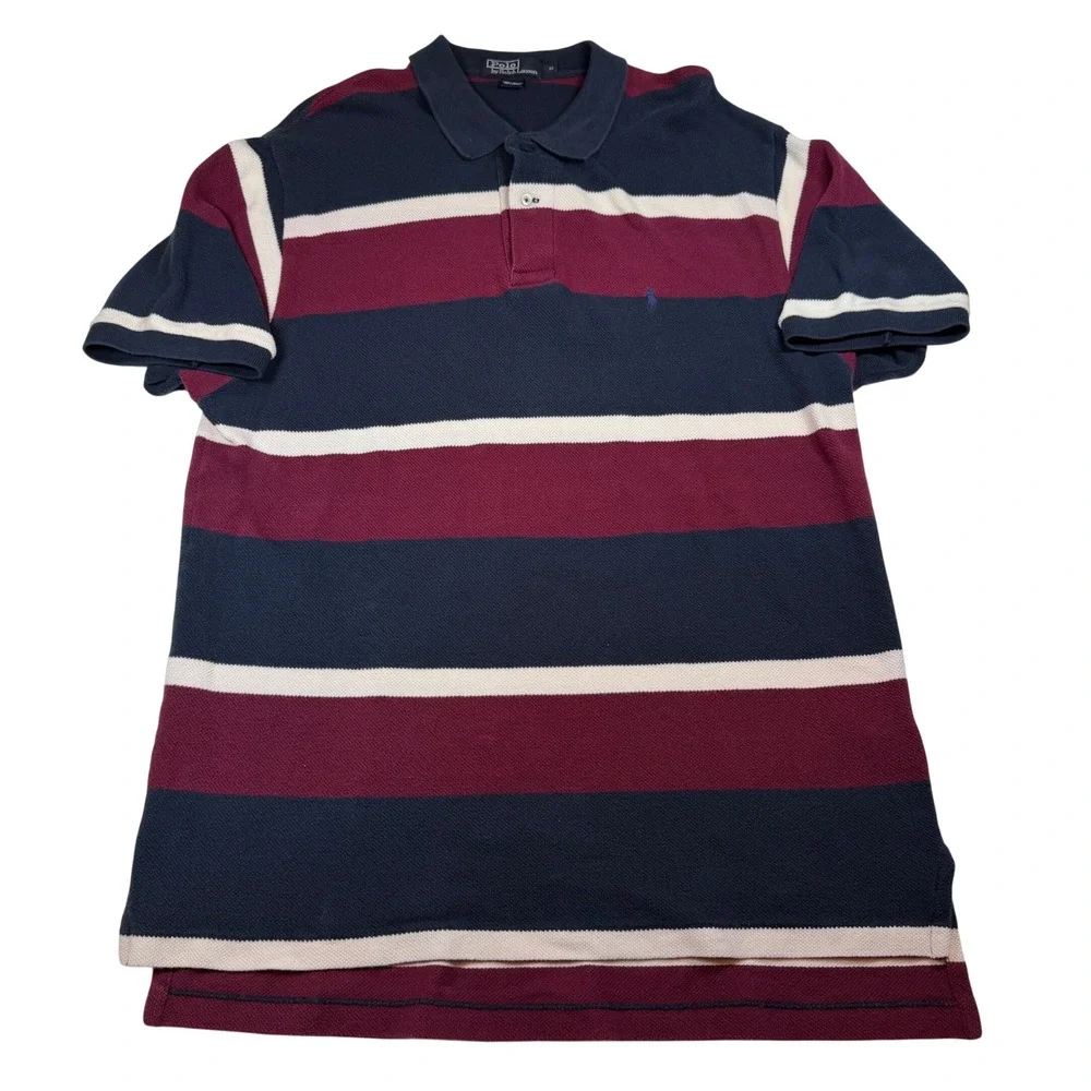 Vintage 90s Polo Ralph Lauren Striped Polo Shirt Mens XL Navy Burgundy Cotton